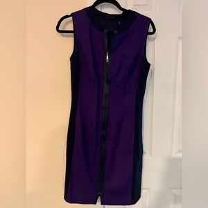 Elie Tahari purple dress with black sides and black leather zipper
